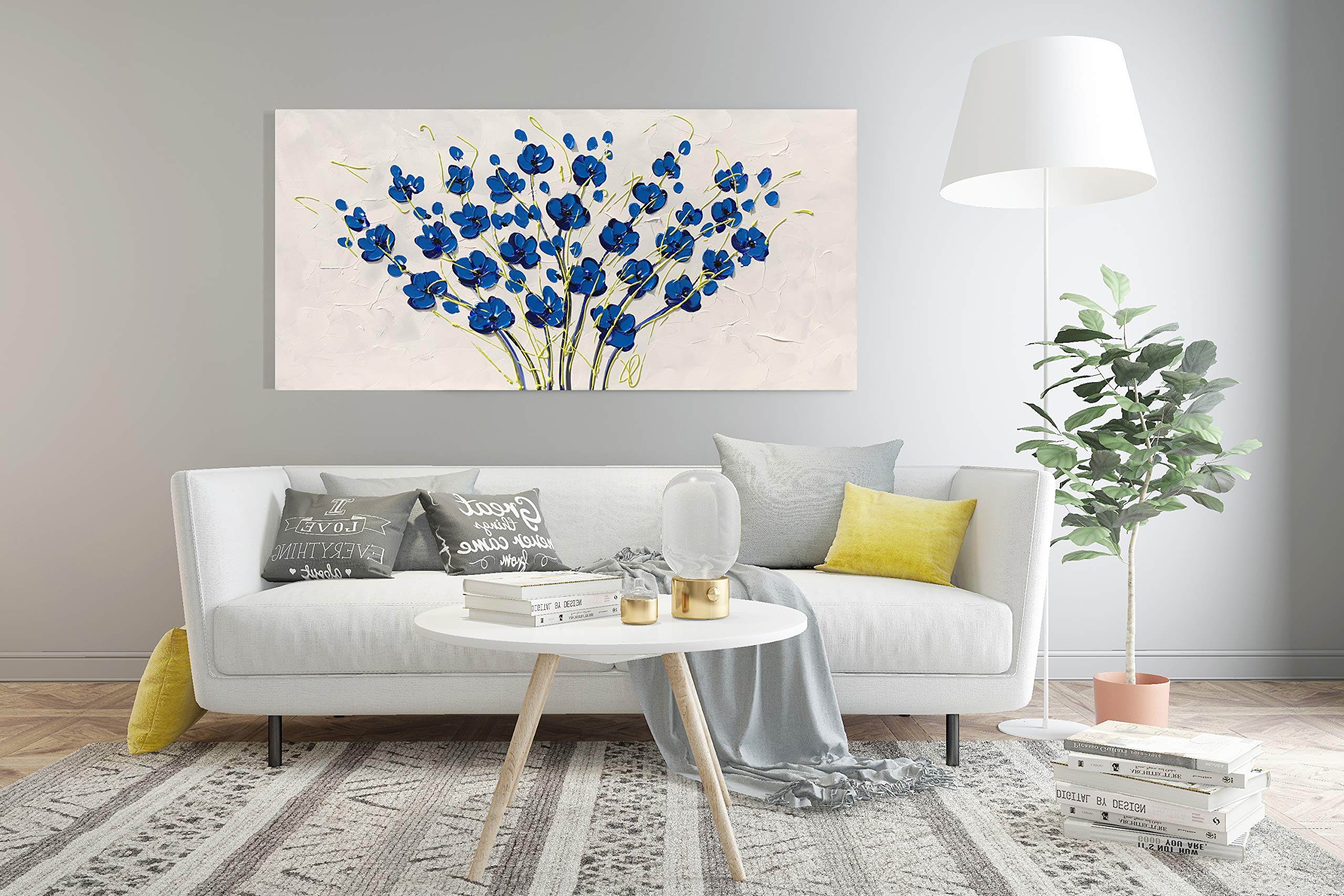 Yihui Arts Blue Flower Canvas Wall Art Painting Pictures Modern 3D Effect Artwork With Framed For Office Decor